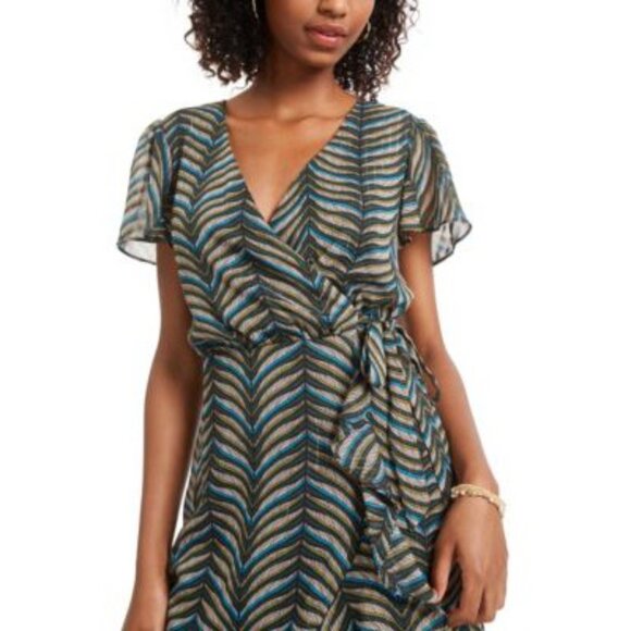 NWT City Studio Size 15 Multicolor Chevron Wrap Dress Ruffle Hem V-Neck - Picture 2 of 16
